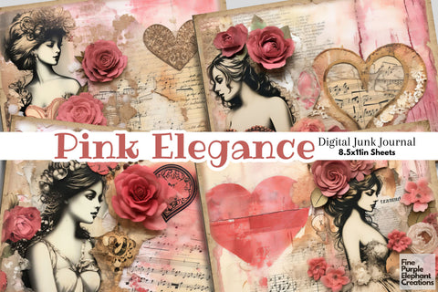 Beautiful Women Digital Junk Journal Double Pages Digital Pattern Fine Purple Elephant Creations 