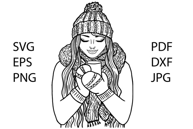 beautiful young girl with a cup of tea, svg,eps,png, vector black and white drawing SVG Yuliya 