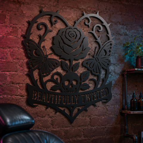 Beautifully Twisted Rose Skull Butterfly Laser SVG, DXF | Gothic Floral Heart Laser Cut File | Metal Wall Art CNC Plasma Cutting Design SVG HappyDesignStudio 