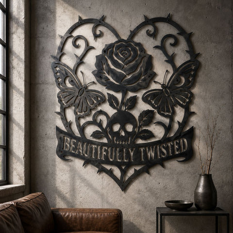 Beautifully Twisted Rose Skull Butterfly Laser SVG, DXF | Gothic Floral Heart Laser Cut File | Metal Wall Art CNC Plasma Cutting Design SVG HappyDesignStudio 