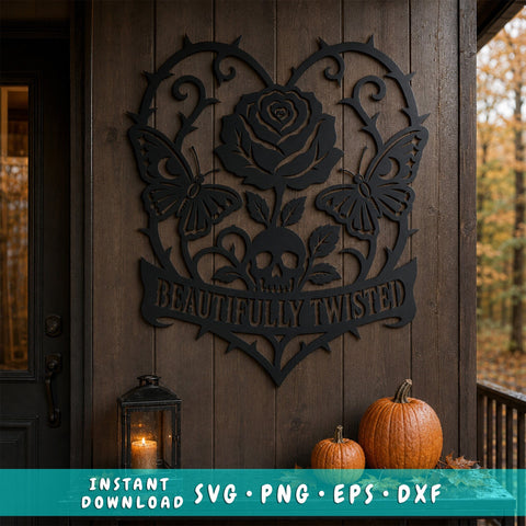 Beautifully Twisted Rose Skull Butterfly Laser SVG, DXF | Gothic Floral Heart Laser Cut File | Metal Wall Art CNC Plasma Cutting Design SVG HappyDesignStudio 