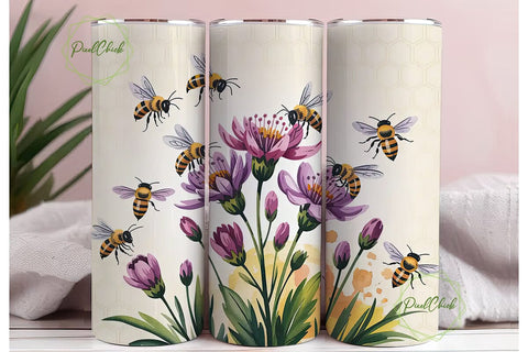Bee and Flower Watercolor Tumbler Wrap Sublimation PixelChick 