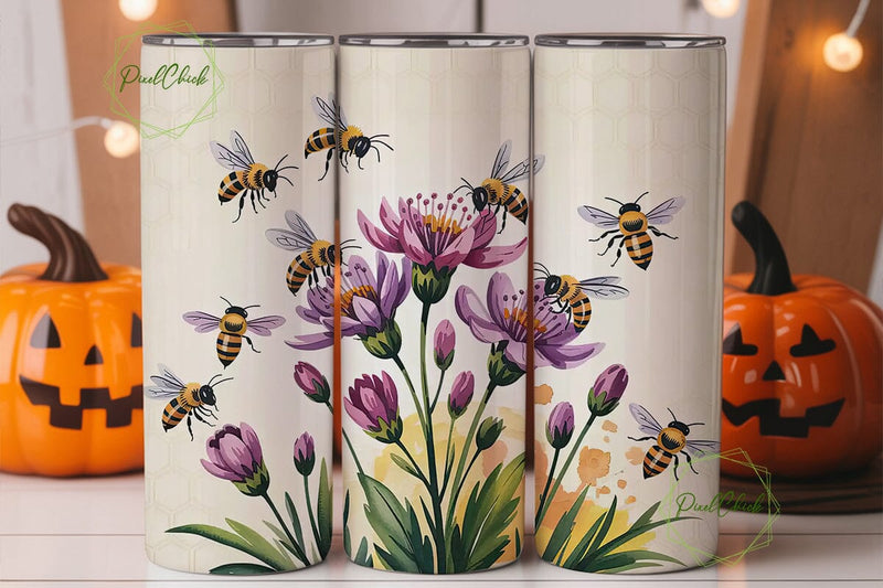 Bee and Flower Watercolor Tumbler Wrap Sublimation PixelChick 