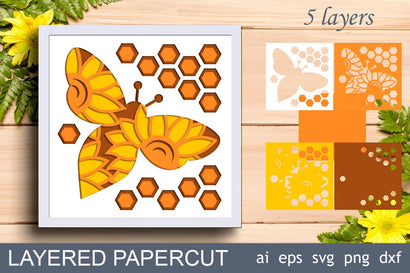 Bee and sunflower 3d shadow box, Layered paper cut svg template 3D Paper AnastasiyaArtDesign 