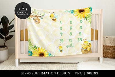 Bee and Sunflower Baby Milestone Blanket, Monthly Growth PNG Sublimation BijouBay 