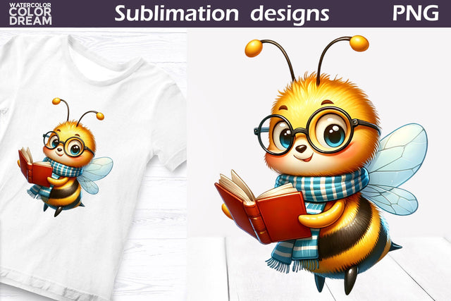Bee Book Sublimation Design | Animal Reading Clipart Sublimation WatercolorColorDream 