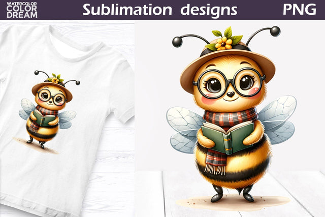 Bee Book Sublimation Design | Animal Reading Clipart Sublimation WatercolorColorDream 