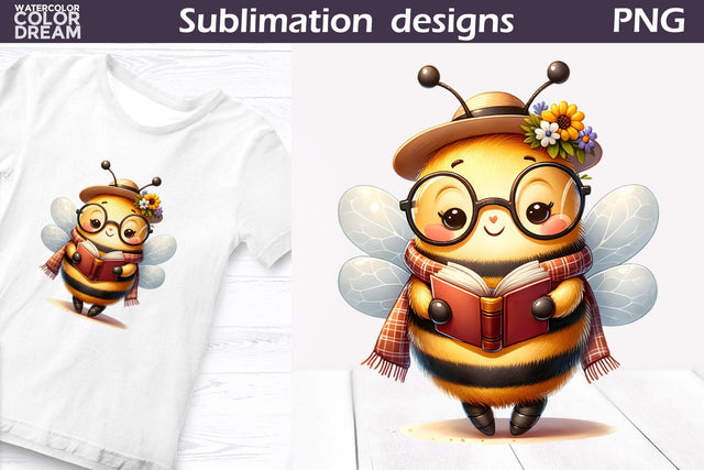 Bee Book Sublimation Design | Animal Reading Clipart Sublimation WatercolorColorDream 