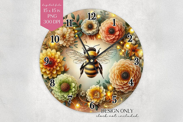 Bee Clock Face PNG – Floral Garden Wall Clock Design Sublimation BijouBay 