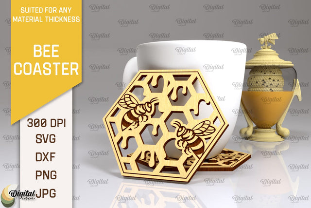 Bee Coaster Laser Cut. Honey Bee Coaster SVG Design SVG Evgenyia Guschina 