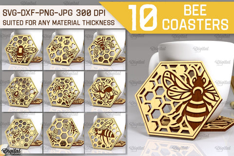 Bee Coasters Laser Cut Bundle. Honey Bee Coasters SVG Design SVG Evgenyia Guschina 