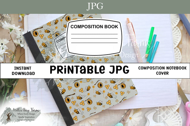 Bee Composition Notebook Cover Printable – Hand Drawn Bees, Sublimation Willow Paige Farms 