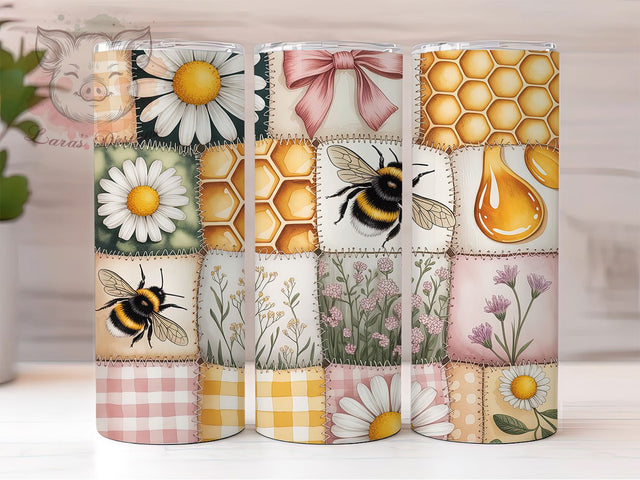 Bee Daisy Patchwork Charm 20oz Tumbler, White Daisies, Fluffy Bumblebees, Honeycomb Pattern, Pink Bows, 20oz Tumbler Wrap, Sublimation PNG Sublimation Lara' s Designs 