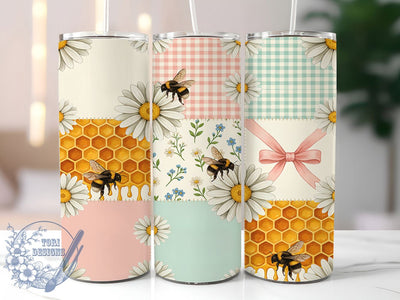 Bee Daisy Patchwork Pastel 20oz Tumbler, Patchwork Fabric, Pastel Palette, Soft Colors, Charming Design, Skinny Tumbler, Sublimation PNG Sublimation ToriDesigns 