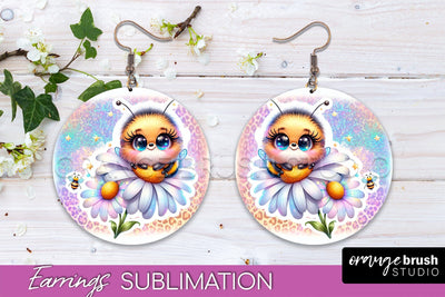 Bee Earrings PNG - Bee Flowers Round Earring Sublimation Sublimation OrangeBrushStudio 