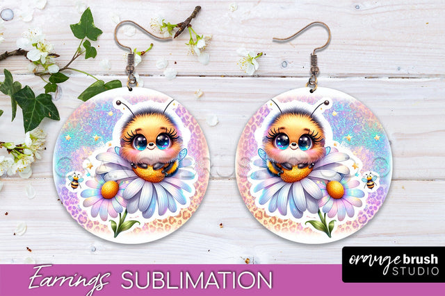 Bee Earrings PNG - Bee Flowers Round Earring Sublimation Sublimation OrangeBrushStudio 