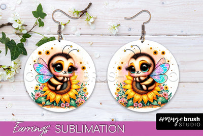 Bee Earrings PNG - Bee Flowers Round Earring Sublimation Sublimation OrangeBrushStudio 