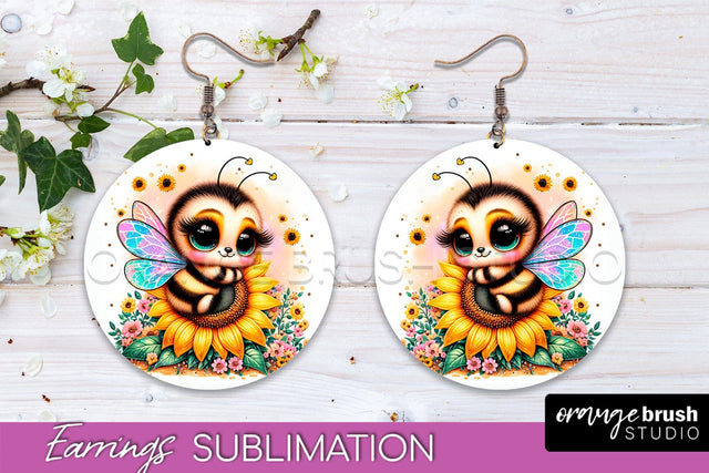 Bee Earrings PNG - Bee Flowers Round Earring Sublimation Sublimation OrangeBrushStudio 