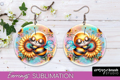 Bee Earrings PNG - Bee Flowers Round Earring Sublimation Sublimation OrangeBrushStudio 