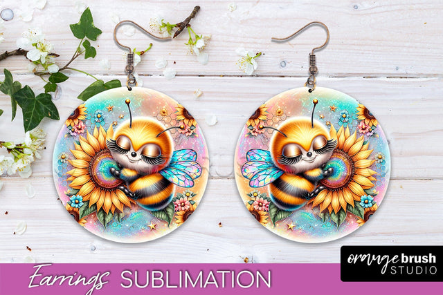 Bee Earrings PNG - Bee Flowers Round Earring Sublimation Sublimation OrangeBrushStudio 