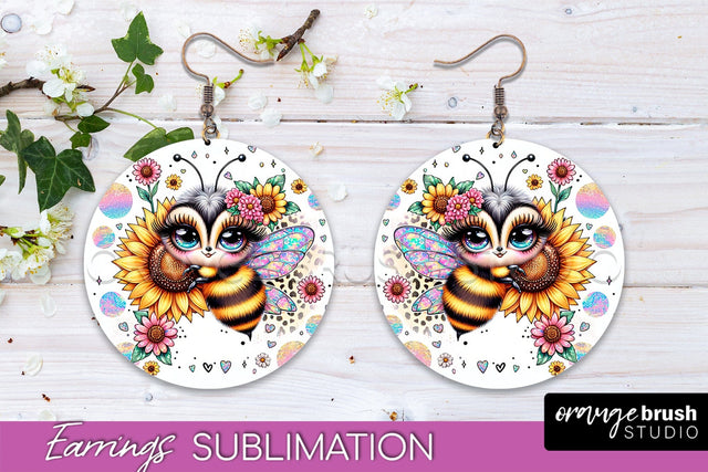 Bee Earrings PNG - Bee Flowers Round Earring Sublimation Sublimation OrangeBrushStudio 