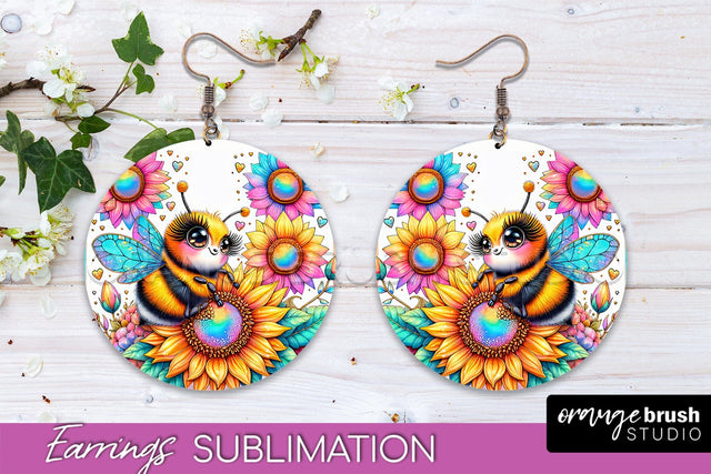 Bee Earrings PNG - Bee Flowers Round Earring Sublimation Sublimation OrangeBrushStudio 