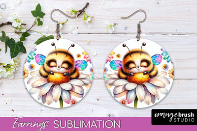 Bee Earrings PNG - Bee Flowers Round Earring Sublimation Sublimation OrangeBrushStudio 