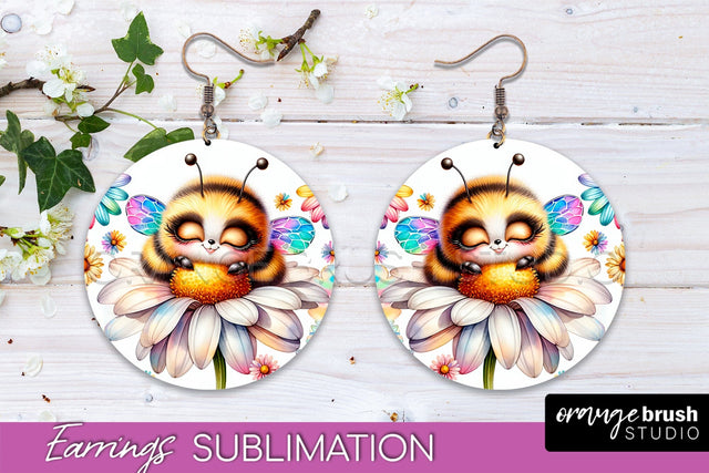 Bee Earrings PNG - Bee Flowers Round Earring Sublimation Sublimation OrangeBrushStudio 