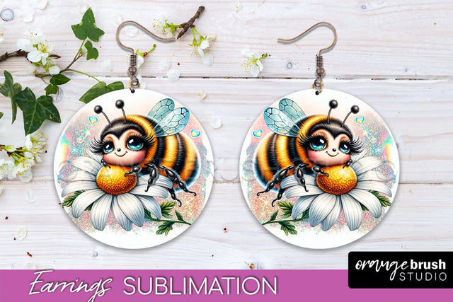 Bee Earrings PNG - Bee Flowers Round Earring Sublimation Sublimation OrangeBrushStudio 