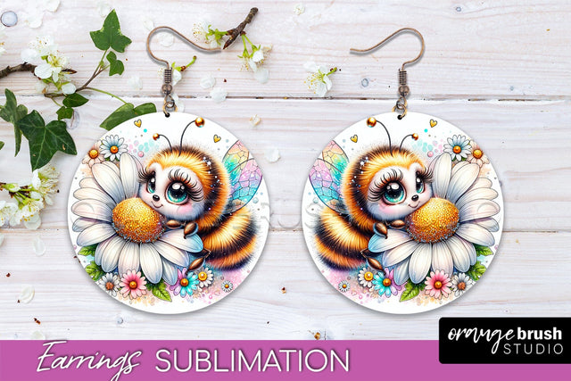 Bee Earrings PNG - Bee Flowers Round Earring Sublimation Sublimation OrangeBrushStudio 
