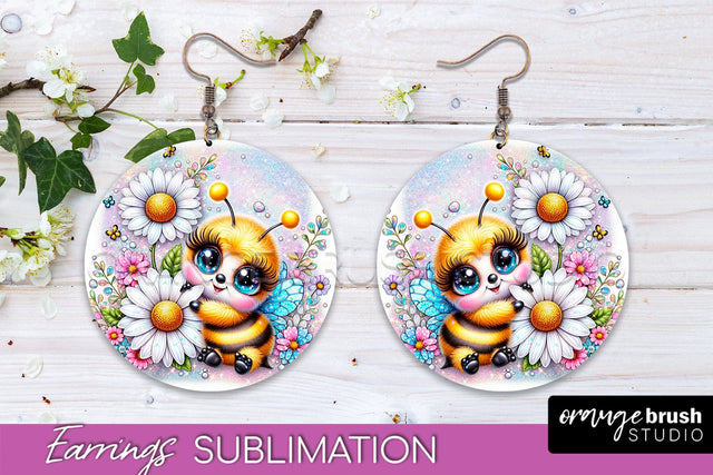 Bee Earrings PNG - Bee Flowers Round Earring Sublimation Sublimation OrangeBrushStudio 
