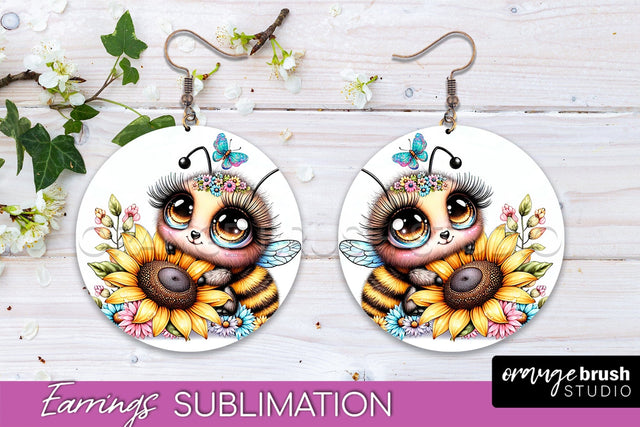 Bee Earrings PNG - Bee Flowers Round Earring Sublimation Sublimation OrangeBrushStudio 
