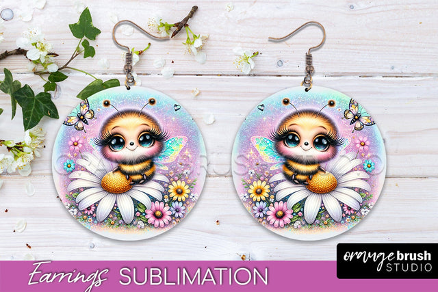 Bee Earrings PNG - Bee Flowers Round Earring Sublimation Sublimation OrangeBrushStudio 