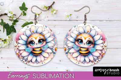 Bee Earrings PNG - Bee Flowers Round Earring Sublimation Sublimation OrangeBrushStudio 
