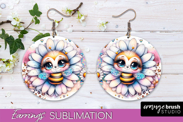 Bee Earrings PNG - Bee Flowers Round Earring Sublimation Sublimation OrangeBrushStudio 