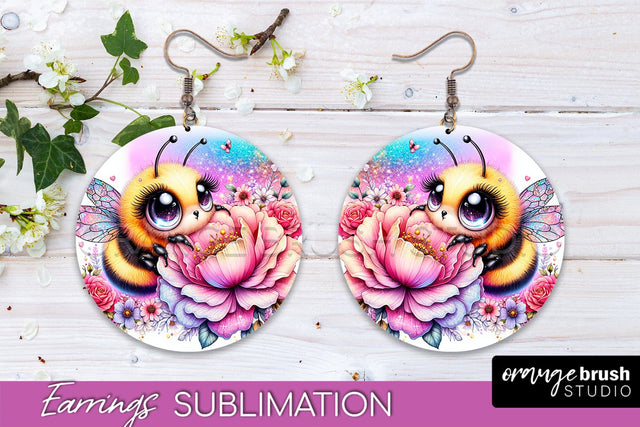 Bee Earrings PNG - Bee Flowers Round Earring Sublimation Sublimation OrangeBrushStudio 