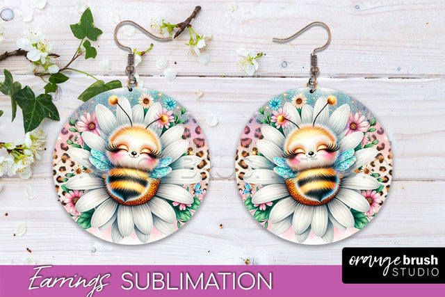 Bee Earrings PNG - Bee Flowers Round Earring Sublimation Sublimation OrangeBrushStudio 