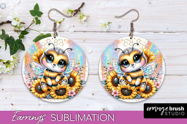 Bee Earrings PNG - Bee Flowers Round Earring Sublimation Sublimation OrangeBrushStudio 