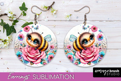 Bee Earrings PNG - Bee Flowers Round Earring Sublimation Sublimation OrangeBrushStudio 