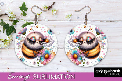 Bee Earrings PNG - Bee Flowers Round Earring Sublimation Sublimation OrangeBrushStudio 