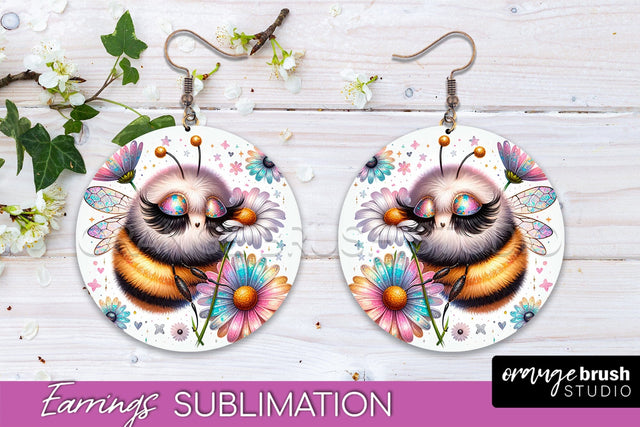 Bee Earrings PNG - Bee Flowers Round Earring Sublimation Sublimation OrangeBrushStudio 