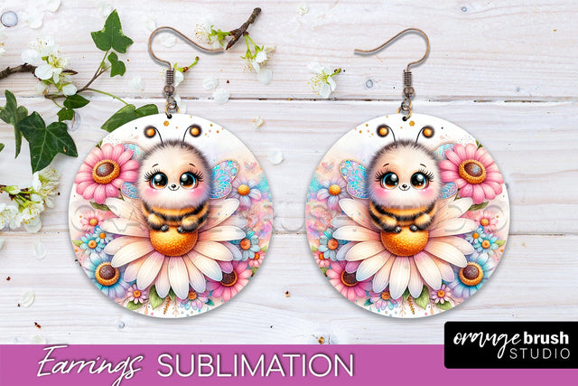 Bee Earrings PNG - Bee Flowers Round Earring Sublimation Sublimation OrangeBrushStudio 