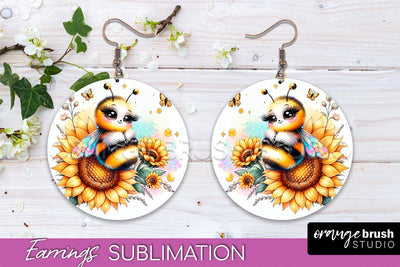 Bee Earrings PNG - Bee Flowers Round Earring Sublimation Sublimation OrangeBrushStudio 
