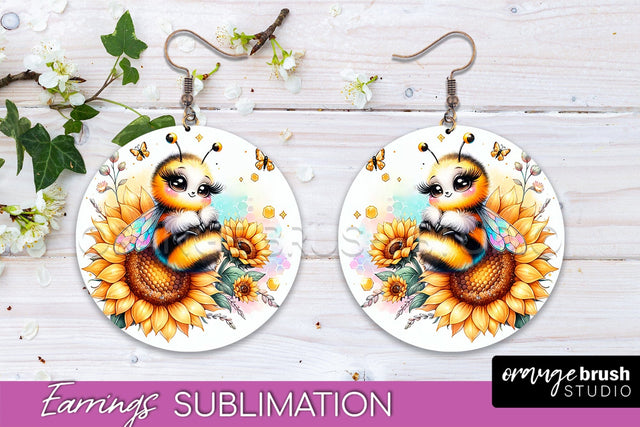 Bee Earrings PNG - Bee Flowers Round Earring Sublimation Sublimation OrangeBrushStudio 