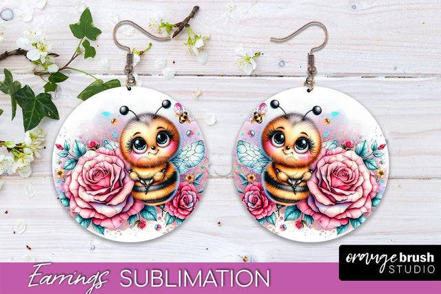 Bee Earrings PNG - Bee Flowers Round Earring Sublimation Sublimation OrangeBrushStudio 