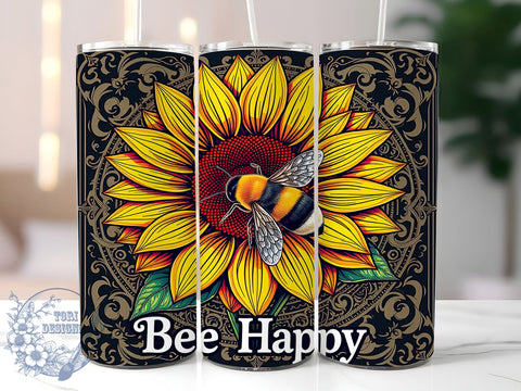 Bee Happy 20oz Skinny Tumbler PNG, Inspirational Tumbler Sublimation Wrap, Straight & Tapered Tumbler Wrap, Instant Digital Download Sublimation ToriDesigns 