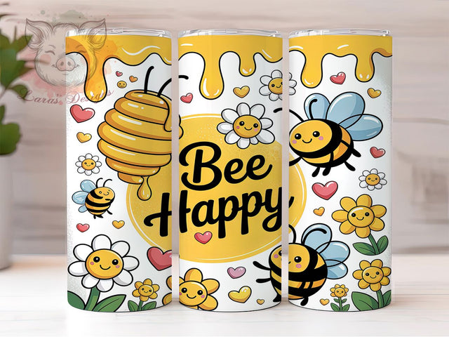 Bee Happy 3D Inflated Honey Tumbler, 3D Inflated Bee Design, Honey Bee Drinkware, 20Oz Sublimation Wrap, Bee Sublimation Tumbler, Inflated Honey Bee Cup Wrap, Cute Bee Tumbler Design Sublimation Lara' s Designs 