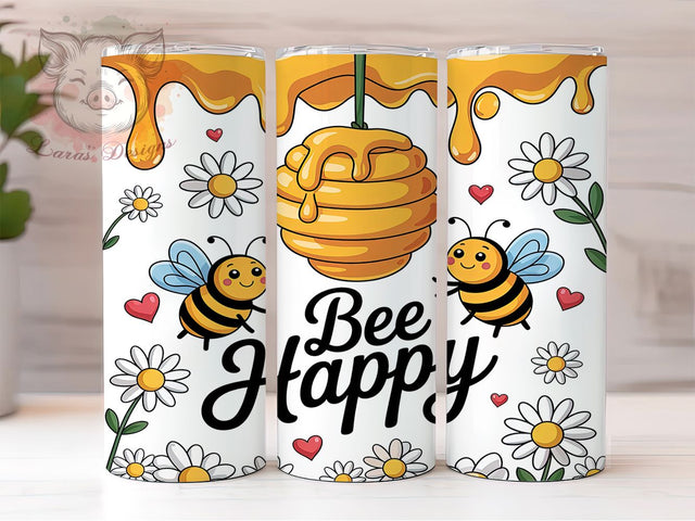 Bee Happy 3D Inflated Honey Tumbler, 3D Inflated Bee Design, Honey Bee Drinkware, 20Oz Sublimation Wrap, Bee Sublimation Tumbler, Inflated Honey Bee Cup Wrap, Cute Bee Tumbler Design Sublimation Lara' s Designs 