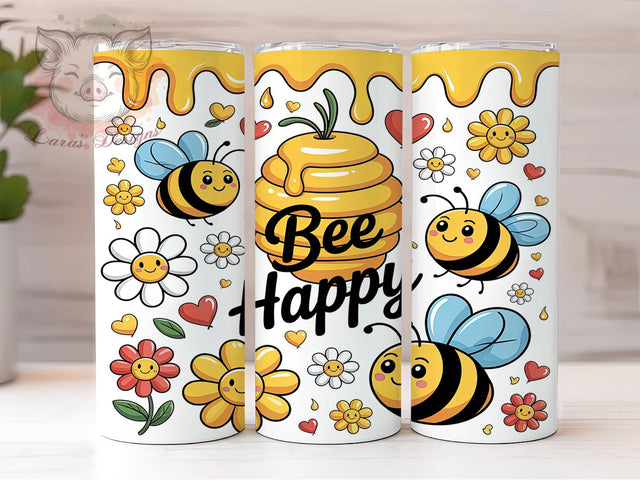 Bee Happy 3D Inflated Honey Tumbler, 3D Inflated Bee Design, Honey Bee Drinkware, 20Oz Sublimation Wrap, Bee Sublimation Tumbler, Inflated Honey Bee Cup Wrap, Cute Bee Tumbler Design Sublimation Lara' s Designs 