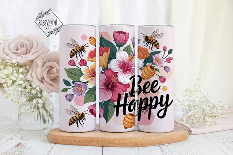 Bee Happy Floral 20oz Tumbler Wrap Sublimation sassyprint 